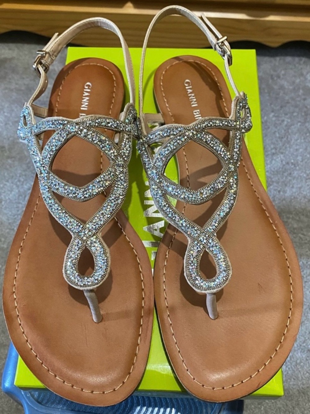 Gianni Bini Silver Crystal T-Strap Sandals with Tan Footbed